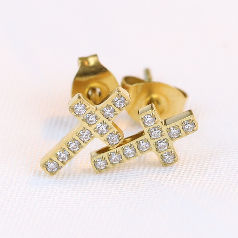 Retro Cross Titanium Steel Inlay Rhinestones Ear Studs 1 Pair