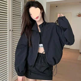 立领晒外套2025新款宽松抽绳短款休闲开衫拉链夹克上衣