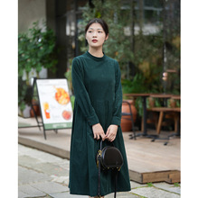 24秋季原创文艺休闲女装新款绒棉灯芯绒立领长袖连衣裙女厂家批发