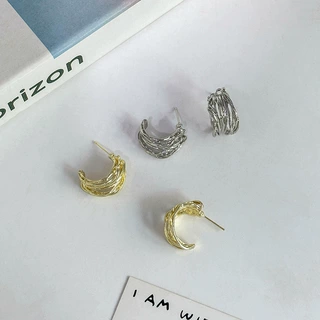 银针个性缠绕不规则几何C形耳钉 小众金属设计感冷淡风气质耳环女