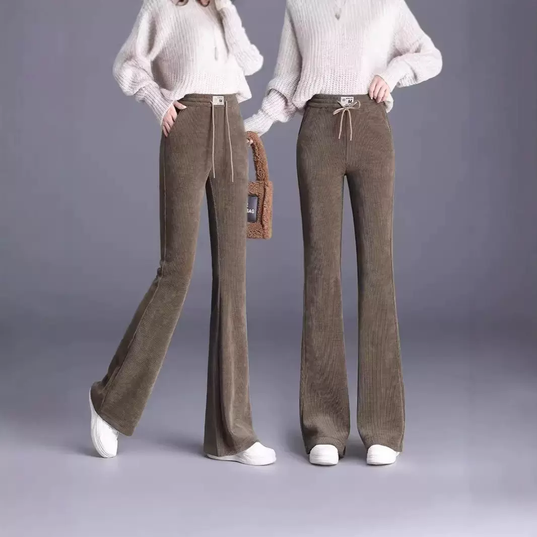 雪尼尔微喇叭裤子女春秋2025新款松紧高腰显瘦垂感直筒休闲条绒裤