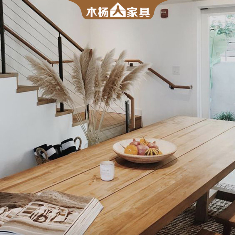 Muyang Ren American Industrial-Style Solid Wood Dining Table for Home Use, Vintage Rectangular Dining Table and Chair Set for Hotels and Homestays