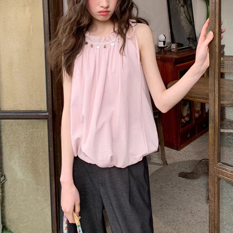 Hello Canon 1 Shell Lace Flower Bud Halter Vest Women's Summer 2025 New Style Western Style Age-Reducing Shirt Top