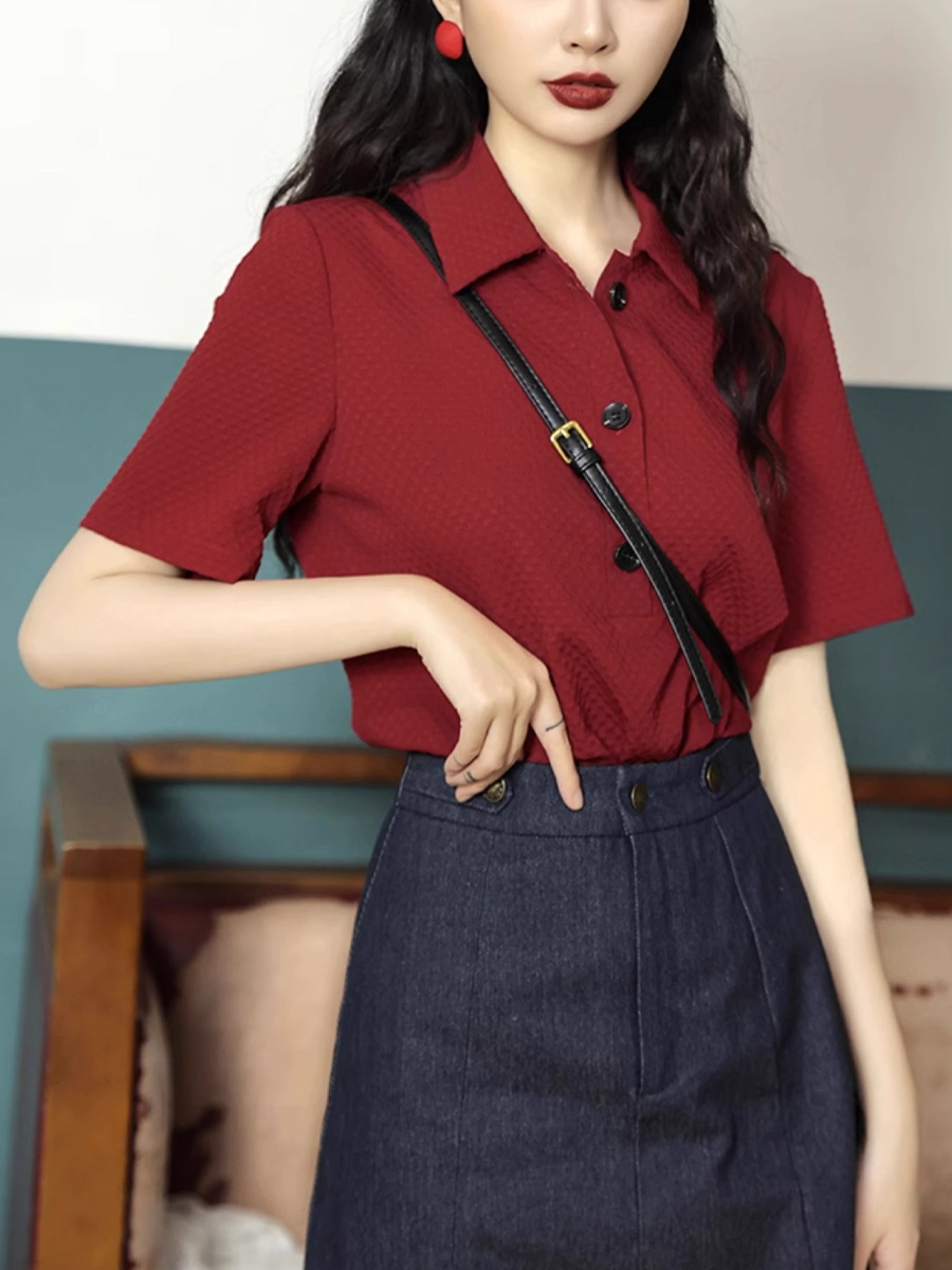 Áo thun nữ cổ POLO phong cách Hồng Kông, form rộng ống đứng, tay ngắn mùa hè — Đỏ anh đào