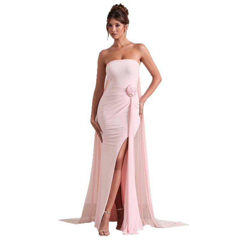2025 transfronterizo Europa y Estados Unidos otoño temperamento flor de pecho sin mangas un vestido de hombro bifurcado vestido largo para mujeres image 5