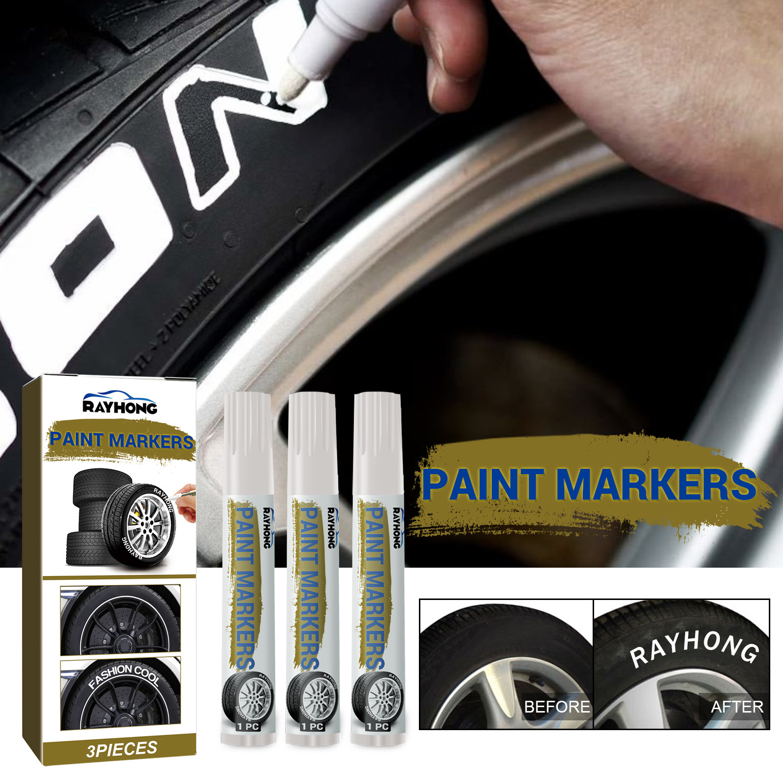 Rayhong Car Tire Marker Car Compact Portable Waterproof Quick-Drying Painting Marker Pen Graffiti Pen