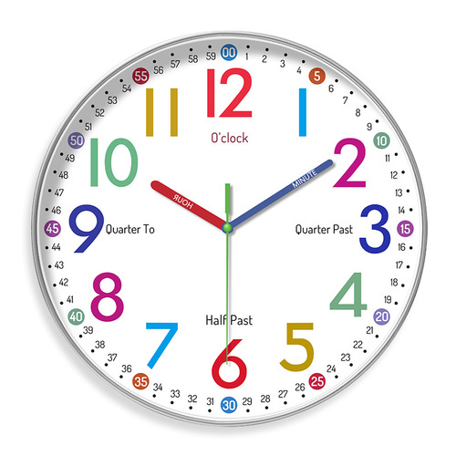 Early Childhood Learning Silent Wall Clock for Living Room Home Bedroom Children's Room Rainbow Wall Clock without Drilling