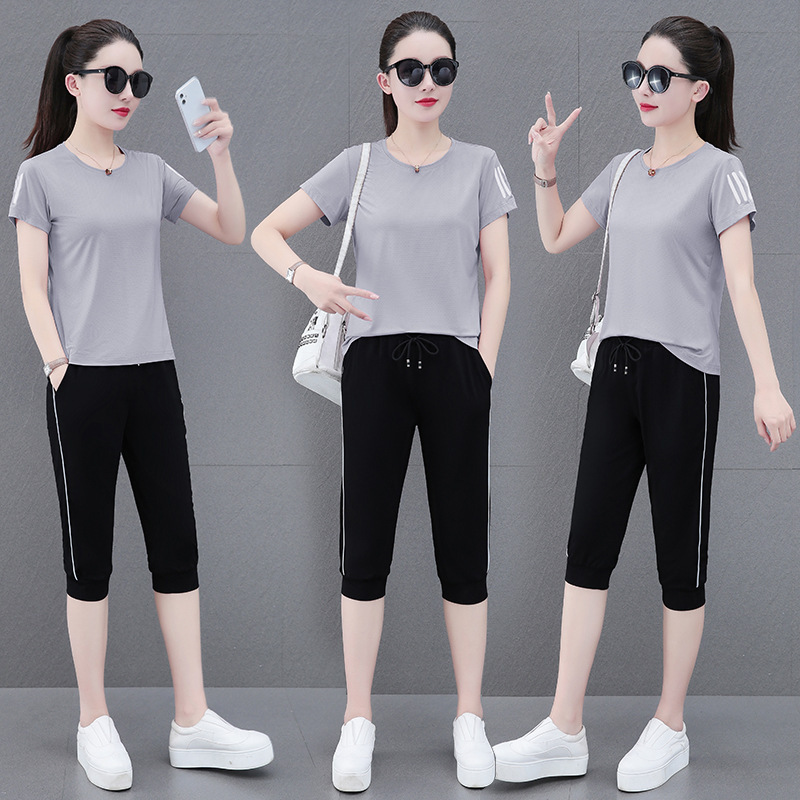 [Shorts/Cropped pants] Ice Silk quick-drying fashion casual sports suit women's summer short-sleeved thin two-piece suit