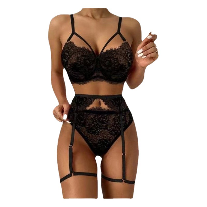 Amazon transfronterizo popular europea y americana sexy club nocturno de Navidad sexy encaje vinculante anillo de la pierna lencería sexy conjunto de tres piezas