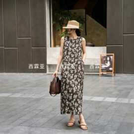 金辉南油代发夏款度假风绿色苎麻大摆无袖连衣裙