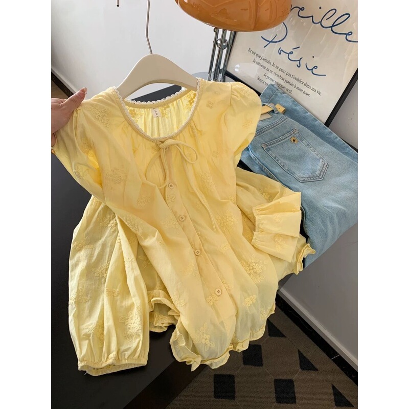 Original Quality~ Gentle Cream Yellow Embroidered Puff Sleeve Shirt 2026 Spring New Candy Color Shirt Top Original Quality~ Gentle Cream Yellow Embroidered Puff Sleeve Shirt 2026 Spring New Candy Color Shirt Top