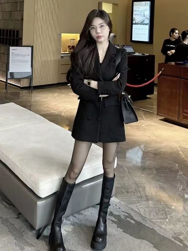 法式气质名媛风显瘦双排扣v领长袖连衣裙女秋季新款时尚洋气裙子|undefined