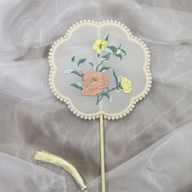 真珠手作り扇子、刺繍扇子、古風丸型扇子、民族風刺繍扇子、古典舞踊扇子|undefined
