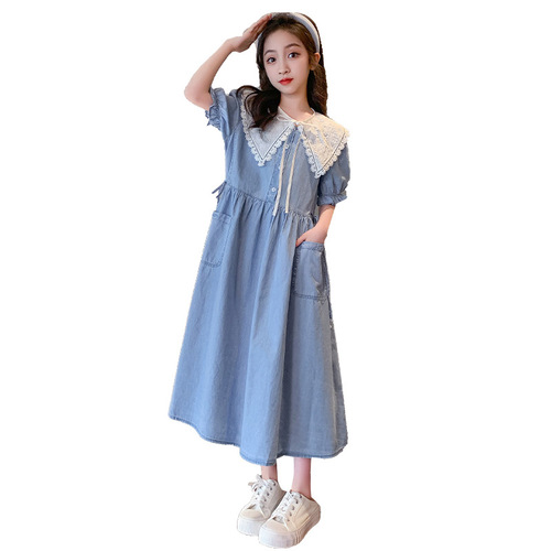 2024 Summer New Style Dress for Older Girls: Chic Denim Knee-Length Skirt Perfect for Students