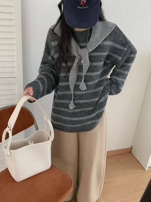 复古宽松慵懒风条纹披肩针织衫秋冬款撞色宽松显瘦圆领套头毛衣女|undefined
