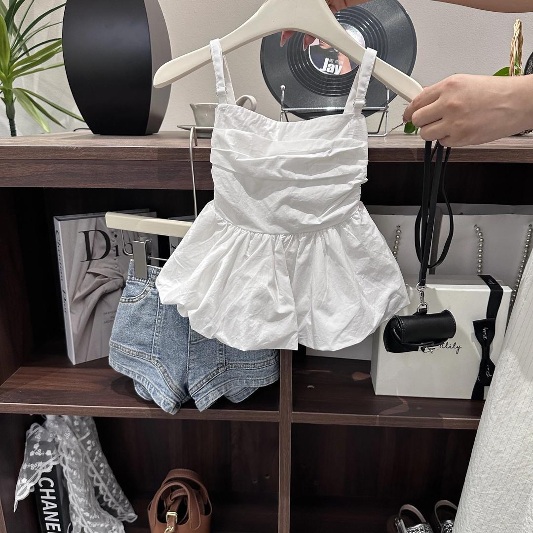 Girls' New Summer Korean Style Design Vest, Sweet Ruffled Skirt Top, Casual Outing Suspender Dress