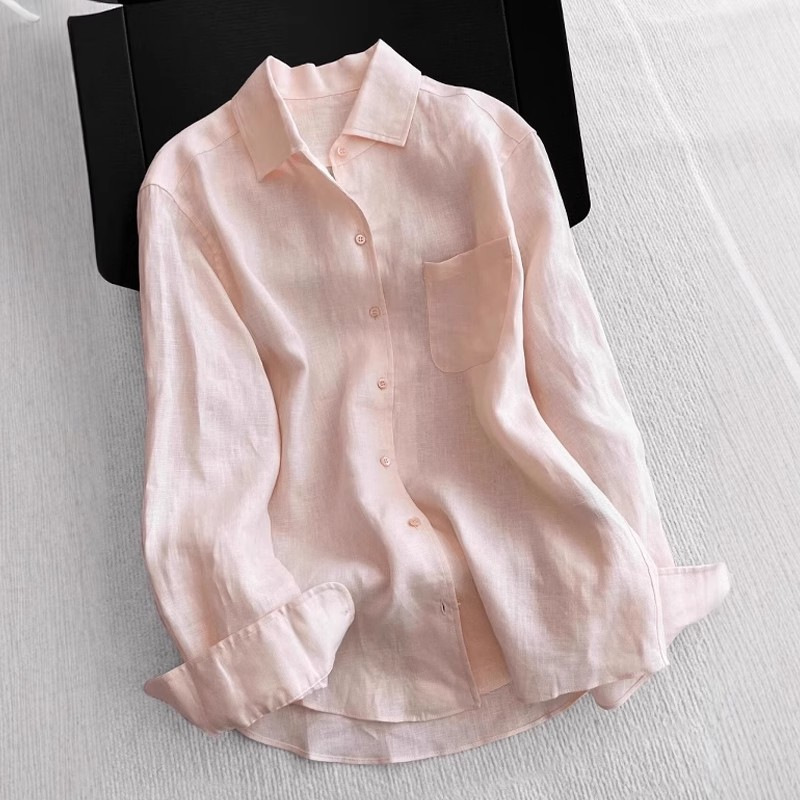 Peach Pink Tencel Linen Shirt for Women 2025 Summer Loose-Fitting Elegant Sun-Protective Breathable Long-Sleeve Shirt