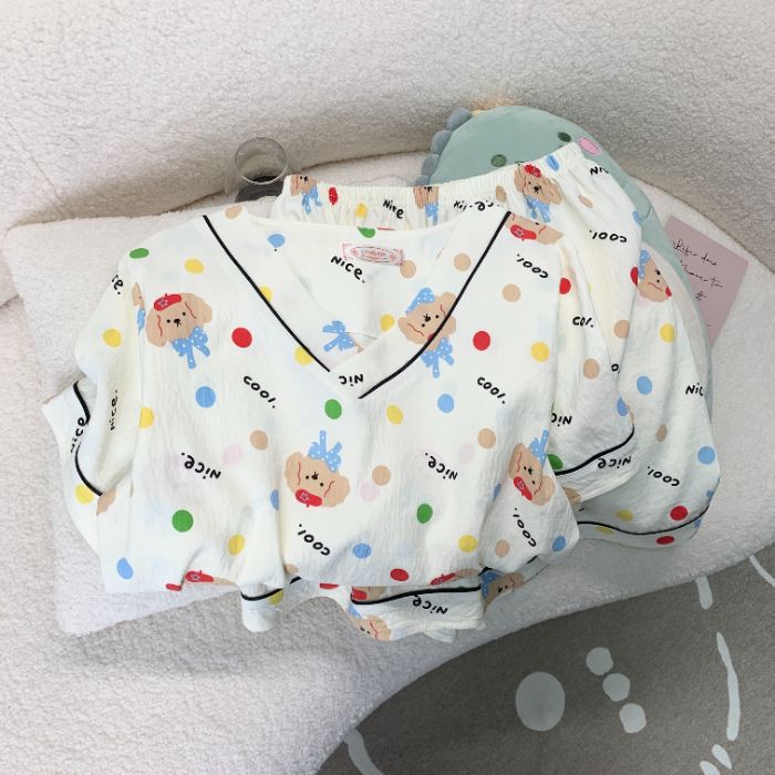 Vietnam transfronterizo transmisión en vivo estilo caliente verano con cuello en V nube pijamas de algodón pantalones de manga corta para mujer traje de servicio a domicilio para estudiantes de dibujos animados
