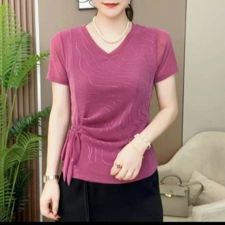 2026 Summer New High-End Short-Sleeve T-Shirt for Women, Slimming and Tummy-Concealing, Fashionable and Stylish, Stretchy and Versatile Top