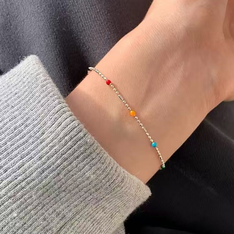 Colorful Bead Round Bead 925 Silver Plated Bracelet for Women, Pure Silver, Ins Niche Design, Simple and Sophisticated, Versatile Fashionable Jewelry