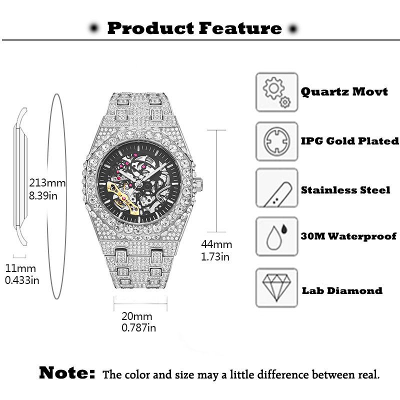 MISSFOX Full Diamond Hip Hop Party Automatic Hollow out Mechanical Men's All Night Glow Watch_voghion.com