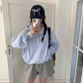韩国chic秋季新款法式甜美蝴蝶结绣花条纹带帽防晒风衣外套女上衣