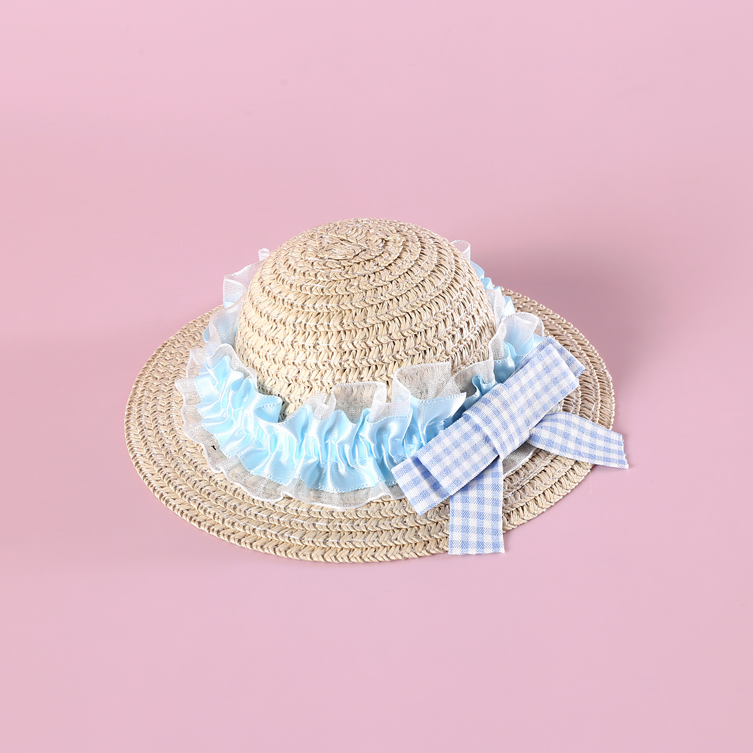 Pet tejido rosa azul encaje sombrero de paja cuadrícula arco princesa gatos cachorros viajes sombrero accesorios