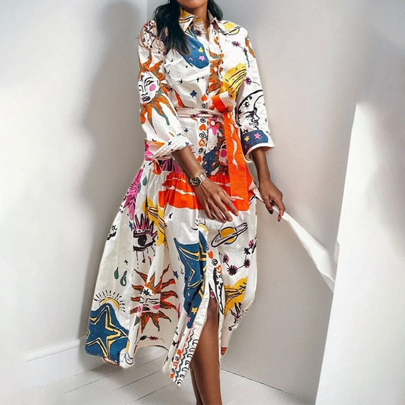 Women's Fashion Quirky Painted Pattern Design Side Slit Printed Long Sleeve Dress_ecoleips.com