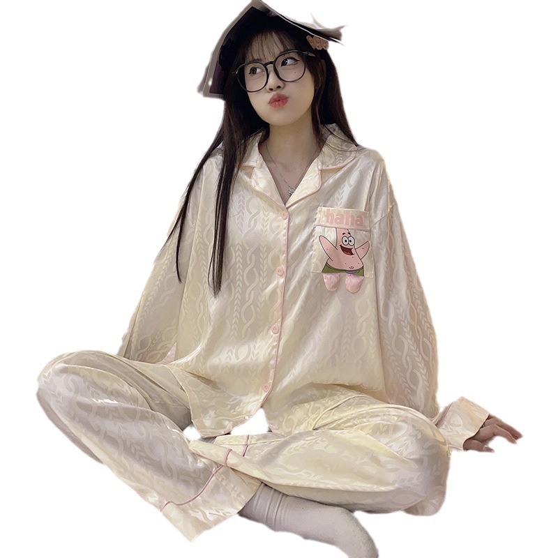 Paidaxing popular ins estilo pijamas de seda del hielo las mujeres otoño y el invierno cardigan manga larga dulce linda chica desgaste en casa traje