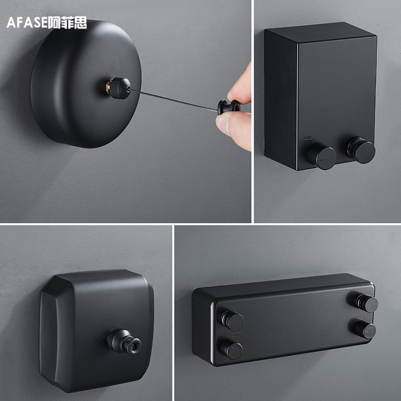 晾衣架免打孔晾衣绳黑色隐形隐形家用晒衣服架子可收缩钢丝绳挂架