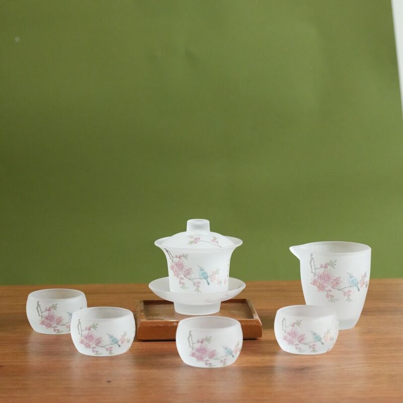 Chinese-Style Thickened Frosted Glass Tea Bowl Set with Lid, Suitable for Home Use Kung Fu Tea Set