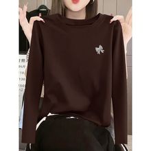 美式咖色长袖t恤女2025新款秋冬季百搭印花打底衫休闲纯棉上衣潮