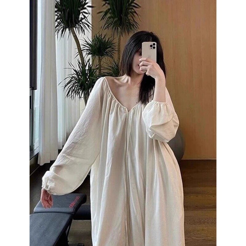 Korean-Style High-End Retro Long-Sleeved Pajamas for Women, Spring and Autumn New Design, Backless Dress, Home Wear, Nightgown