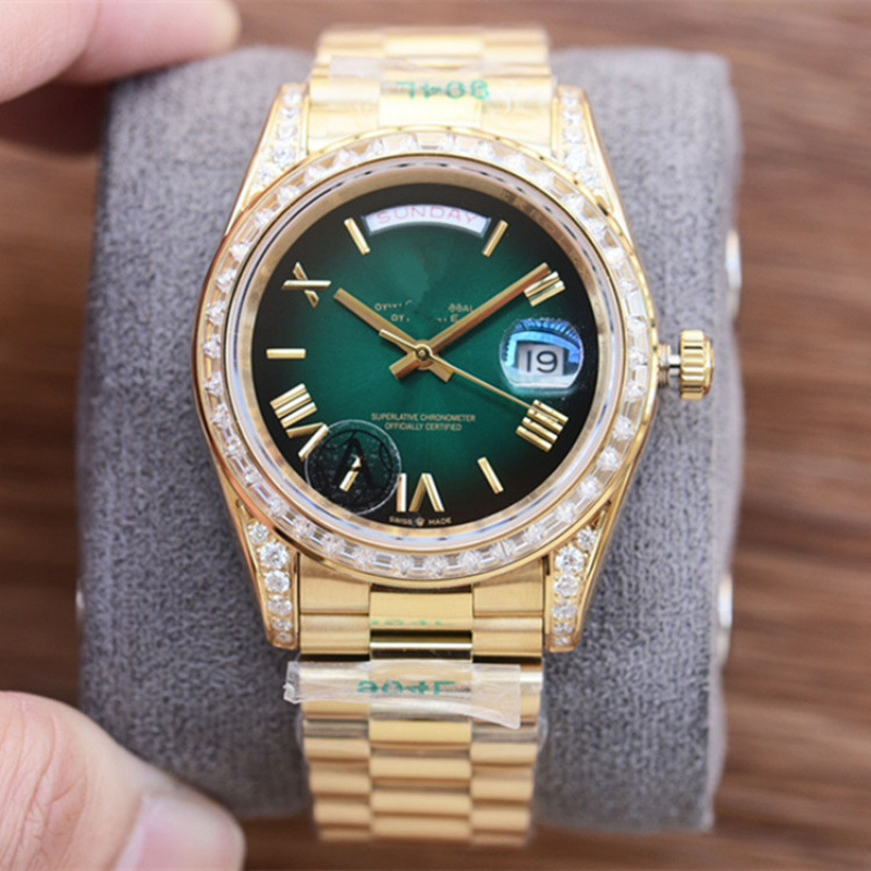 2025 Внешняя торговля EW Полностью золотые Black Rock Sugar Smoked Green Rose Gold Double Calendar Day-Date Mechanical Men's Watch Wholesale Green