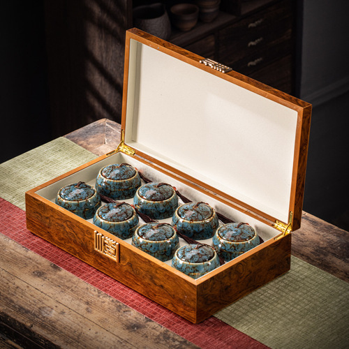 Tea Leaf Packaging Box High-End Wooden Empty Gift Box Golden Hinoki Wood Pattern Wood Gift Box, One Box Contains Six Exquisite Ceramic Small Cans