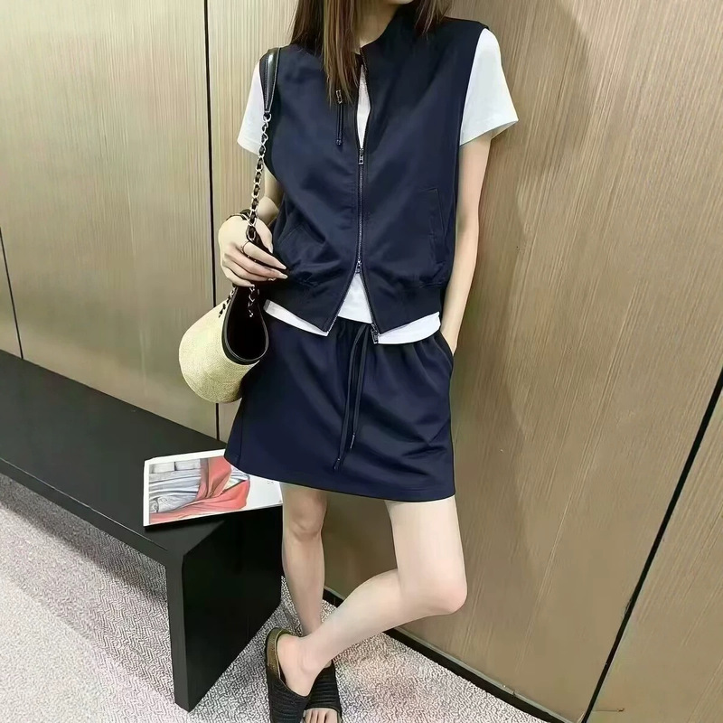 European Style 2026 New Women's Three-Piece Set: Stand-Collar Vest, T-Shirt, Short Skirt, Casual Loose-Fit Outfit for Women