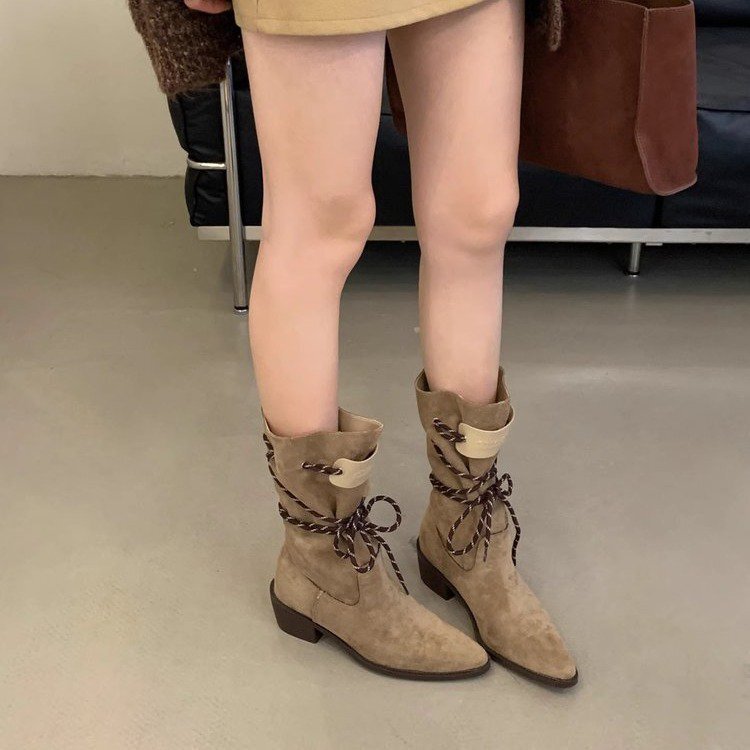 复古粗跟棕色绒面中筒堆堆靴女2025年新款瘦瘦靴春秋单靴西部短靴|undefined