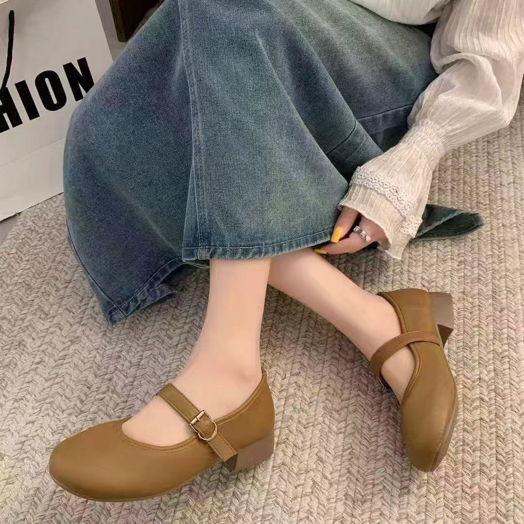 Cuero suave Mary Zhen tacones gruesos de verano nuevos zapatos de mujer de estilo universal, zapatos de base suave, zapatos de frijol para mujeres cuatro estaciones