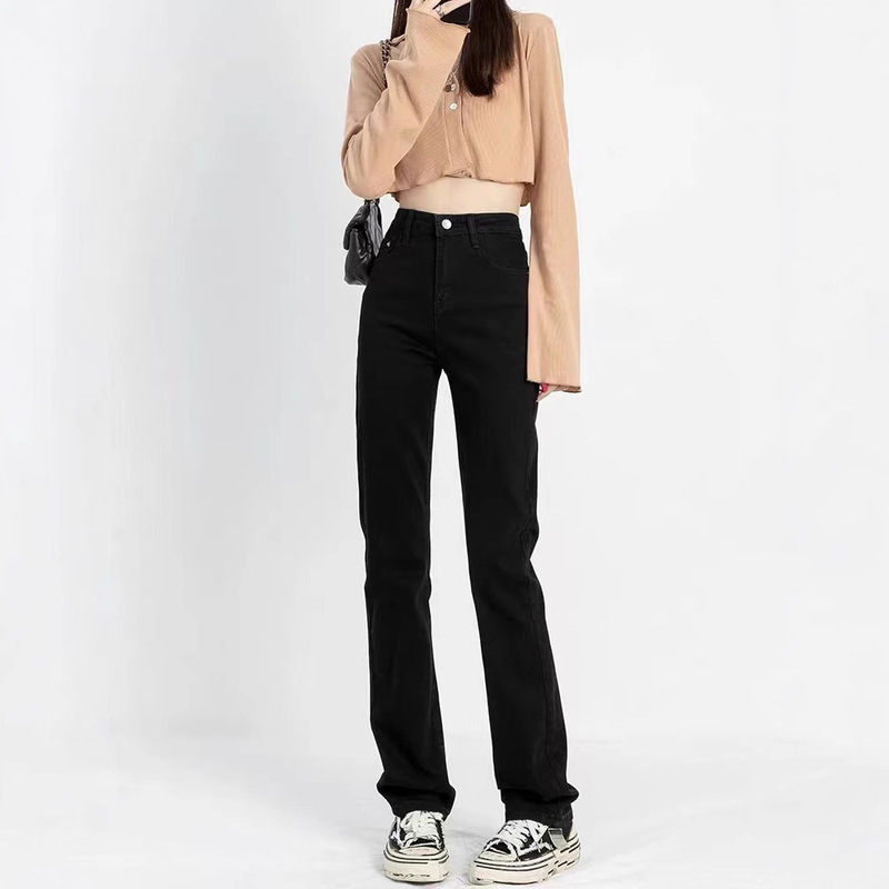 Black Straight-Leg Jeans for Women, Autumn and Winter 2025 New Style, High-Waisted, Slimming, Height-Enhancing, Narrow Wide-Leg, Fleece-Lined Cigarette Pants