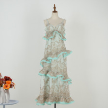 跨境欧美风2025新款薄荷绿蕾丝飘逸钉珠连衣长裙设计感蛋糕吊带裙