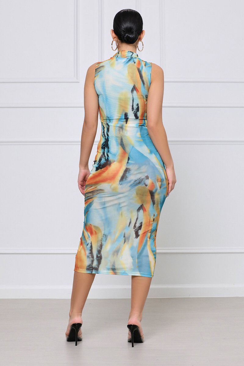 printed sleeveless tight printing mid-length dress NSXLY119216