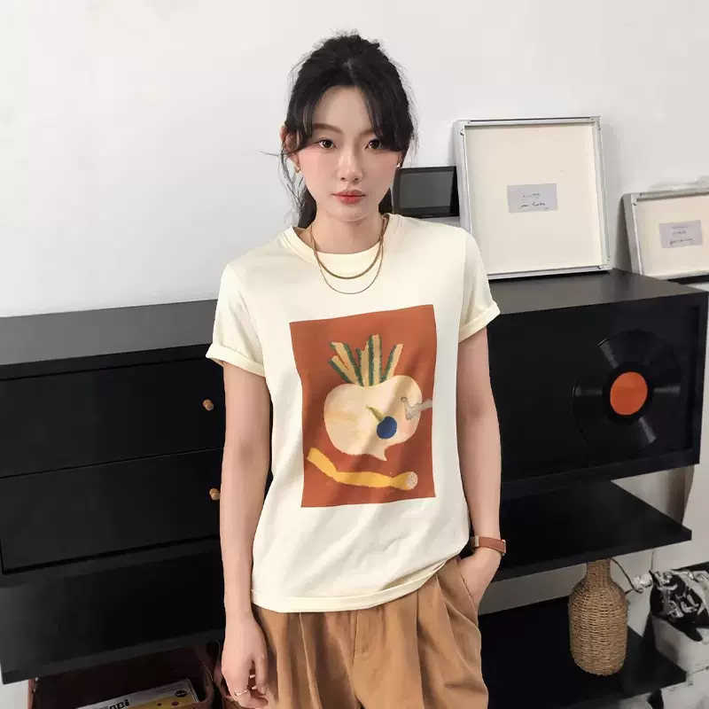 女装2026年春季新款圆领短袖撞色印花百搭气质t恤宽松休闲上衣