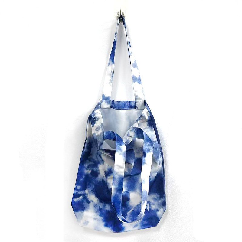 跨境蓝色泼墨款帆布单肩包大容量包女大学生轻便手提购物袋环保