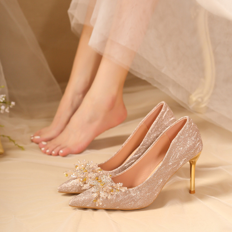 Wholesale New Year's New Rhinestone Pointed Toe Stiletto Pearl Wedding Shoes for Women, Wedding Bridesmaid Shoes, Temperament Commuting Professional Heels for Women