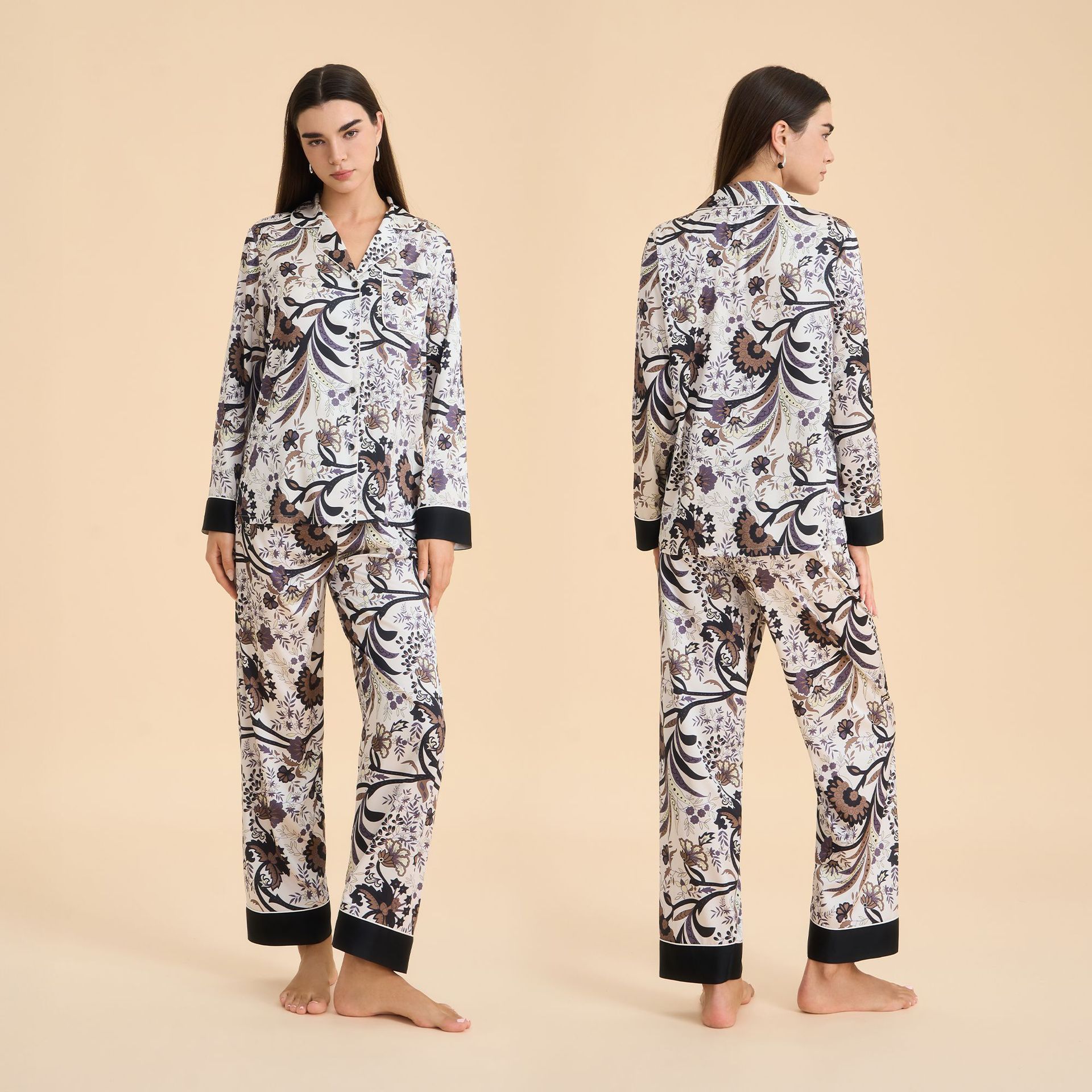 Pijama floral elegante de primavera y otoño para mujeres pantalones de manga larga con solapa delgada ropa casera casual y cómoda TZ4001