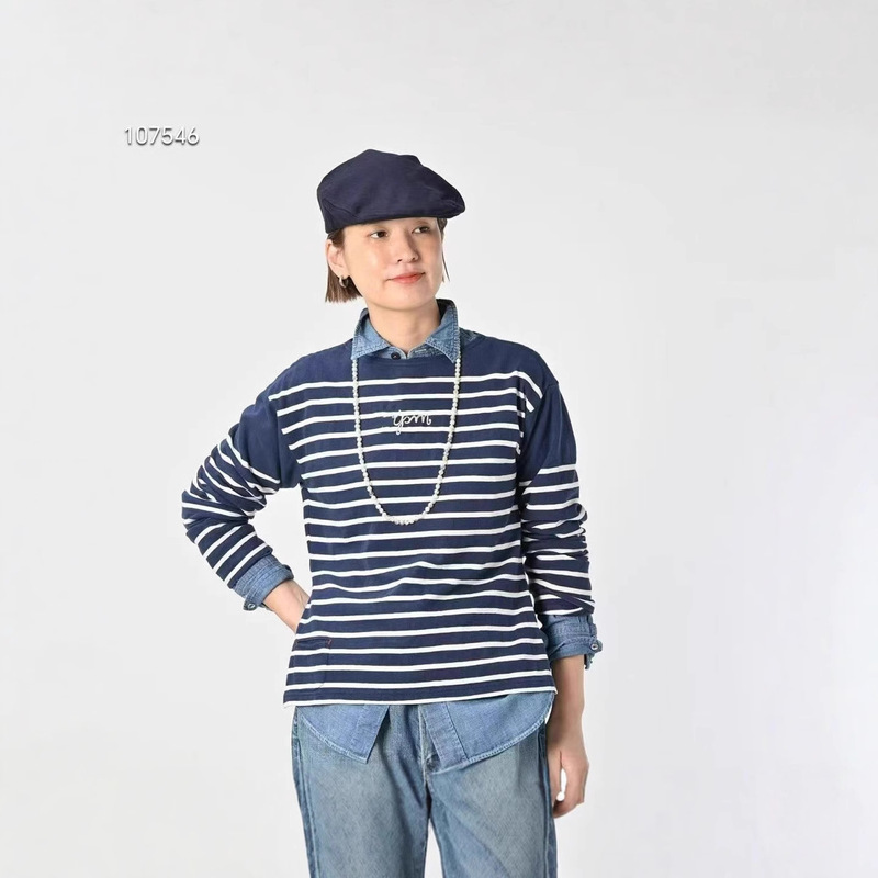 Japanese-Style Autumn and Winter New Embroidered Letter Hem Slit Basque Stripe T-Shirt Women's Simple Versatile Long-Sleeve Top Japanese-Style Autumn and Winter New Embroidered Letter Hem Slit Basque Stripe T-Shirt Women's Simple Versatile Long-Sleeve Top
