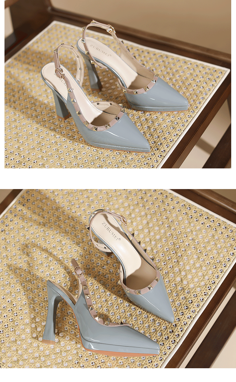Sandal cao gót nữ mũi nhọn hở mũi, gót nhọn đinh tán, đế chống thấm nước — Xanh lam nhạt chi tiết 9
