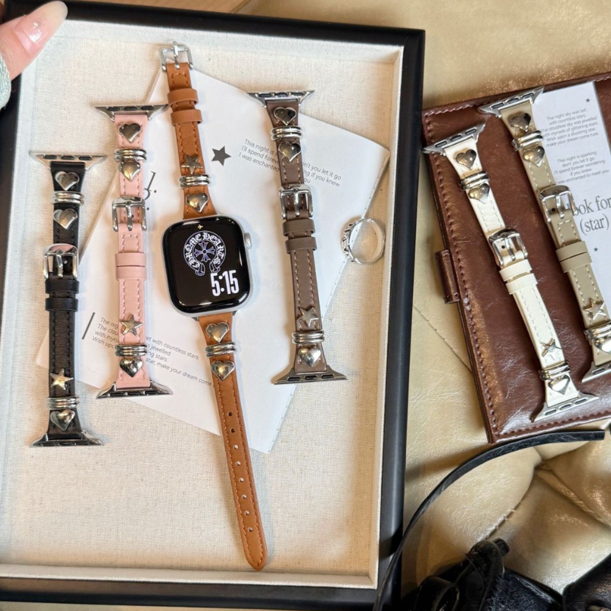 爱心星星金属皮质表带适用苹果手表iwatch12代11/10