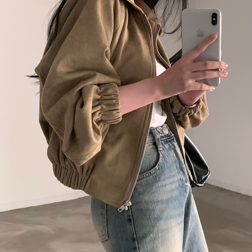 Korean chic autumn French retro lapel zipper faux fur texture loose versatile long sleeve short coat jacket