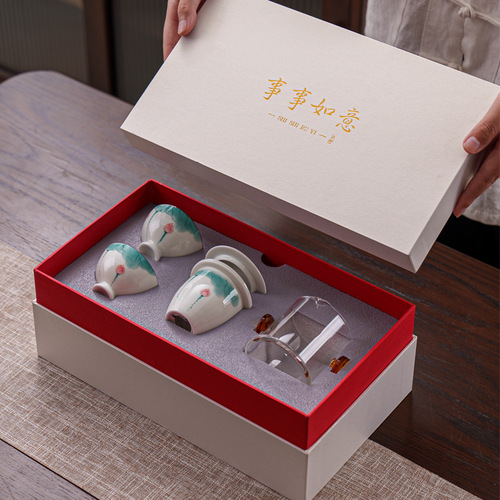 Simple Hand-painted Teacup and Teapot Set with Small Gift Box, Chinese Style Ceramic Teapot and Two Teacups